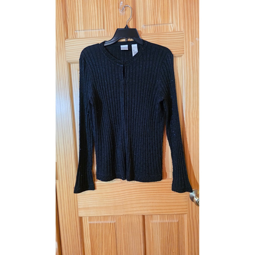 Emma James Black Silk Blend Beaded Ribbed Metallic Cardigan Sweater Large